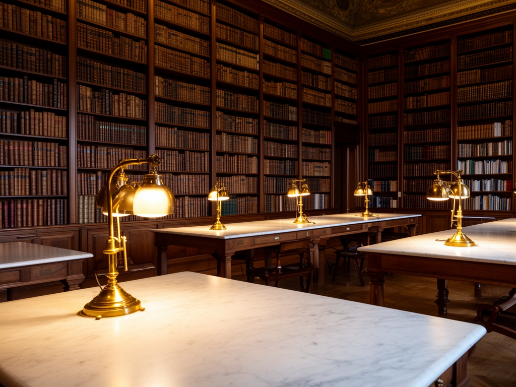 Interno di una biblioteca storica con alte scaffalature in legno scuro piene di libri antichi e moderni, tavoli di studio in marmo chiaro con lampade da lettura in ottone accese, luce calda e soffusa che crea un&rsquo;atmosfera di raccoglimento e studio approfondito