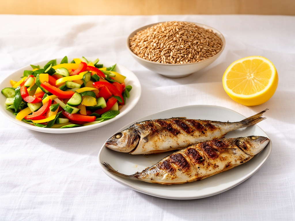 Tavola apparecchiata con cibo mediterraneo sano: insalata di verdure colorate, ciotola di cereali integrali, pesce alla griglia, limone tagliato a met&agrave;, tovaglia di lino bianca, luce naturale calda