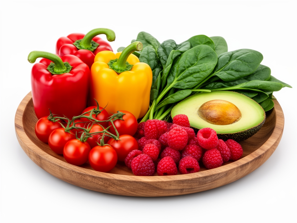 Vassoio di legno con verdure e frutta fresca colorata — peperoni rossi e gialli, pomodori ciliegini, spinaci, avocado tagliato a met&agrave;, lamponi rossi — su sfondo bianco luminoso