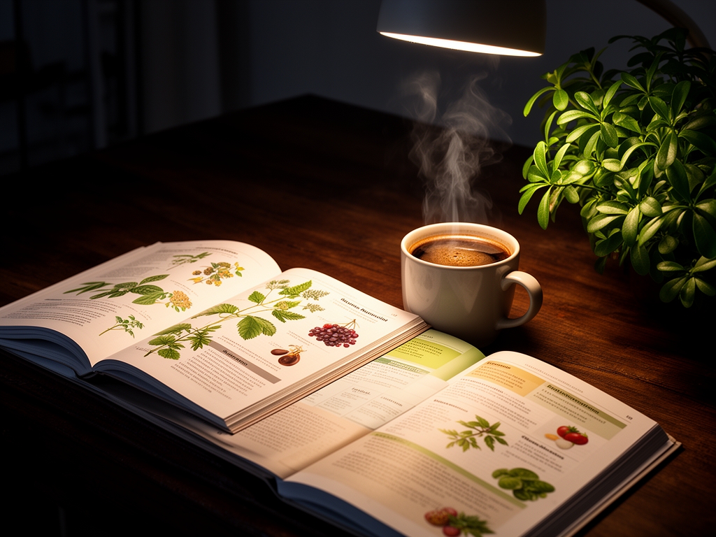 Tavolo di studio in legno scuro con libri aperti su argomenti di botanica e nutrizione, una tazza di caf&egrave; fumante, una pianta verde sul bordo, luce calda di una lampada da tavolo in atmosfera serale raccolta