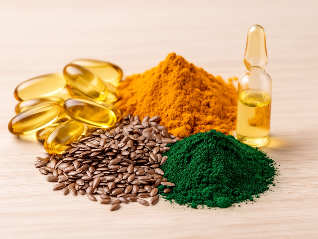 Selezione di ingredienti naturali per integratori disposti su legno chiaro: capsule di olio di pesce, polvere di curcuma gialla, semi di lino marroni, erba spirulina verde, fiala di vitamina D su sfondo neutro