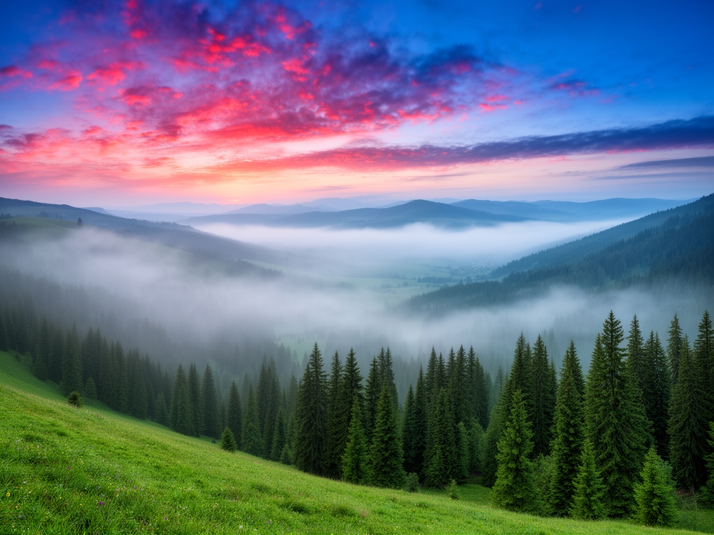 Panorama montano al mattino con nebbia che si dissolve nelle valli verdi, boschi di abeti sul pendio, cielo azzurro con nuvole rosate al sorgere del sole, atmosfera di quiete e immensit&agrave; naturale