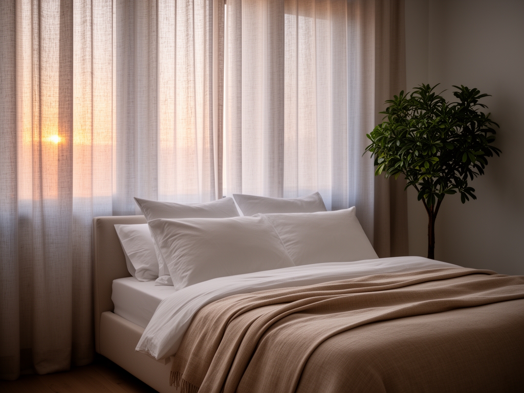 Camera da letto minimalista con luce soffusa serale che filtra attraverso tende di lino, letto con cuscini bianchi e coperta beige, pianta verde in un angolo, atmosfera tranquilla e riposante
