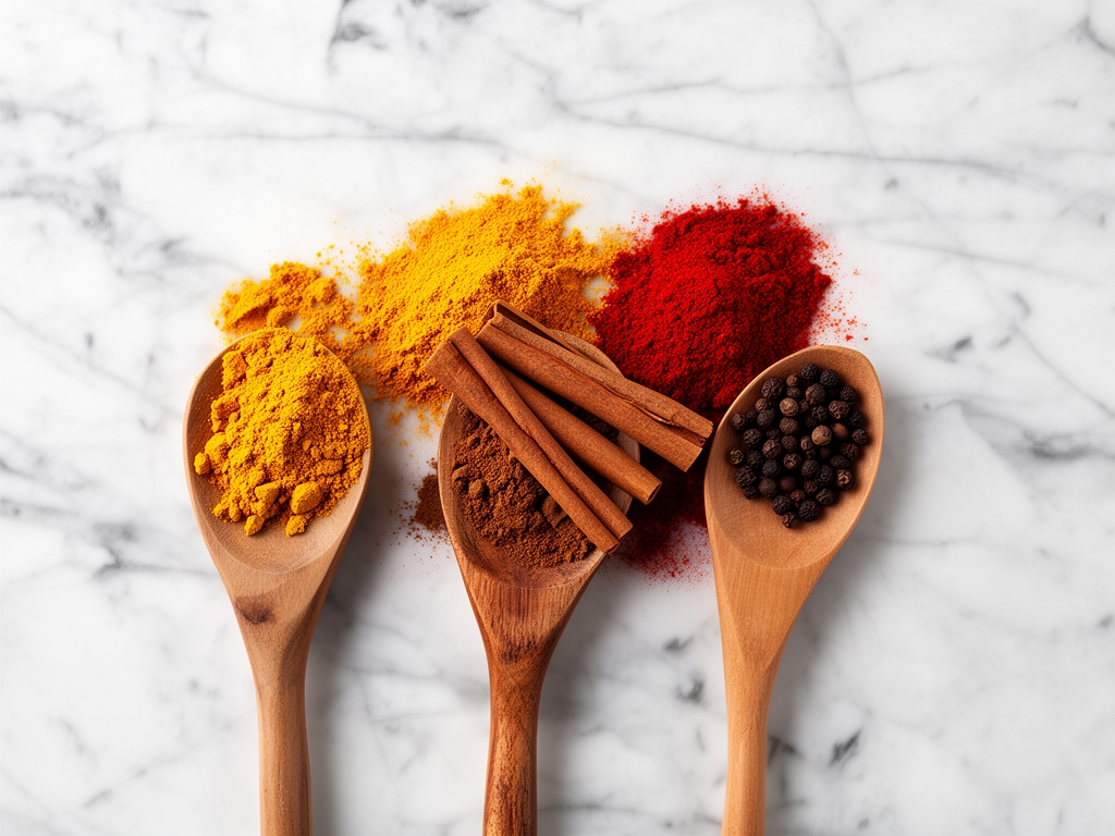 Cucchiai di legno con spezie colorate in polvere — curcuma gialla, paprika rossa, cannella marrone, pepe nero — disposti su sfondo di marmo bianco con texture visibile, vista dall&rsquo;alto