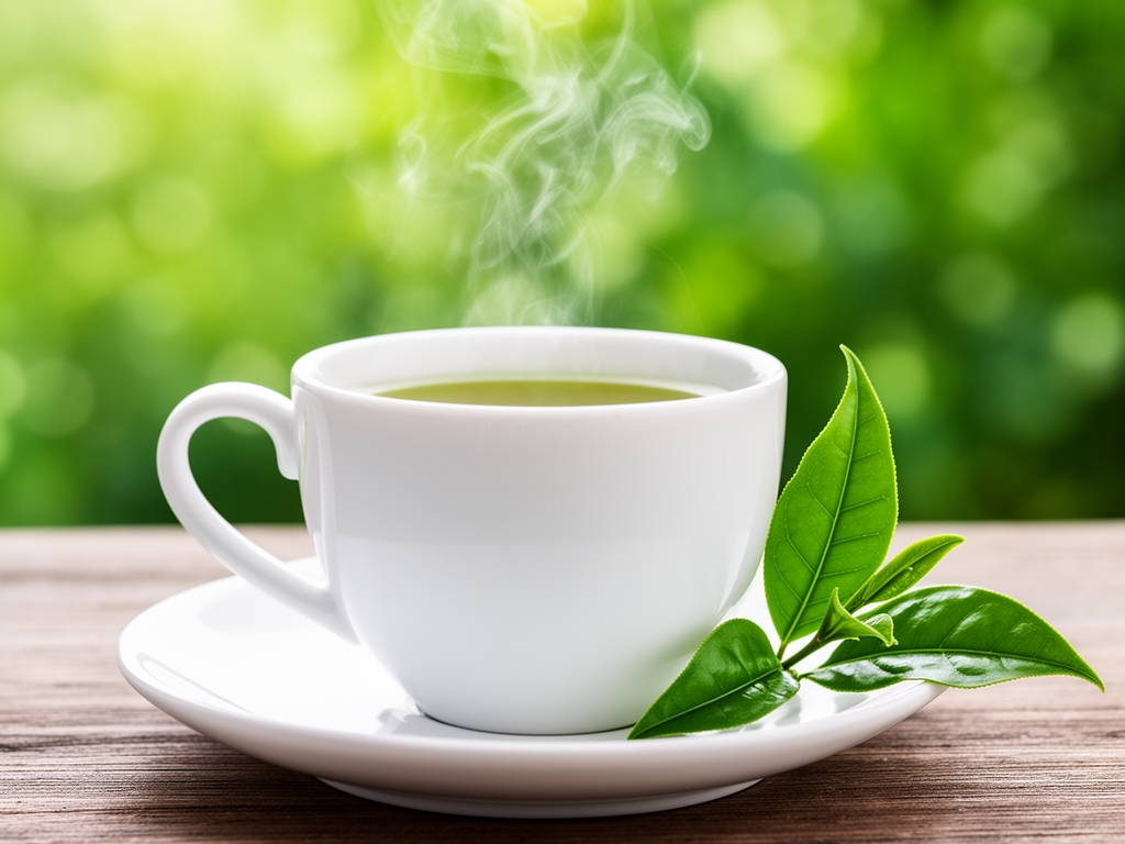 Tazza di t&egrave; verde fumante su un piattino di porcellana bianca, foglie di t&egrave; fresche accanto, con sfondo bokeh verde e luce naturale soffusa che crea vapore visibile